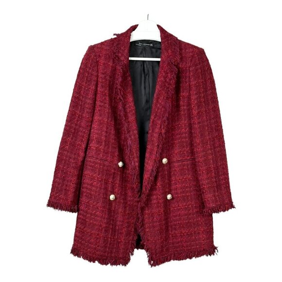 Zara Blogger Favourite Long Tweed Blazer Burgundy - Picture 2 of 14